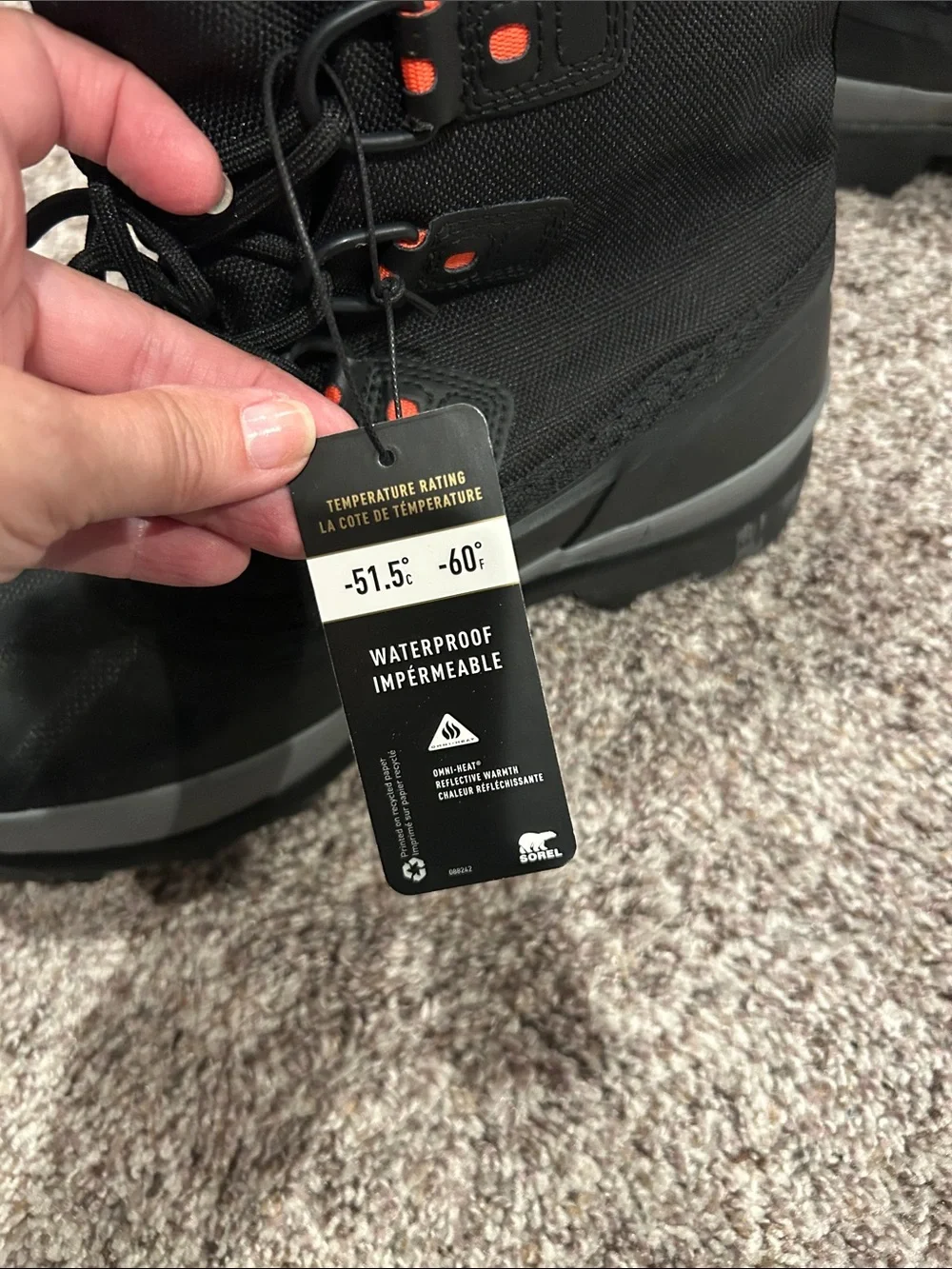 Sorel Mens Black Snow Boots with Orange Accents